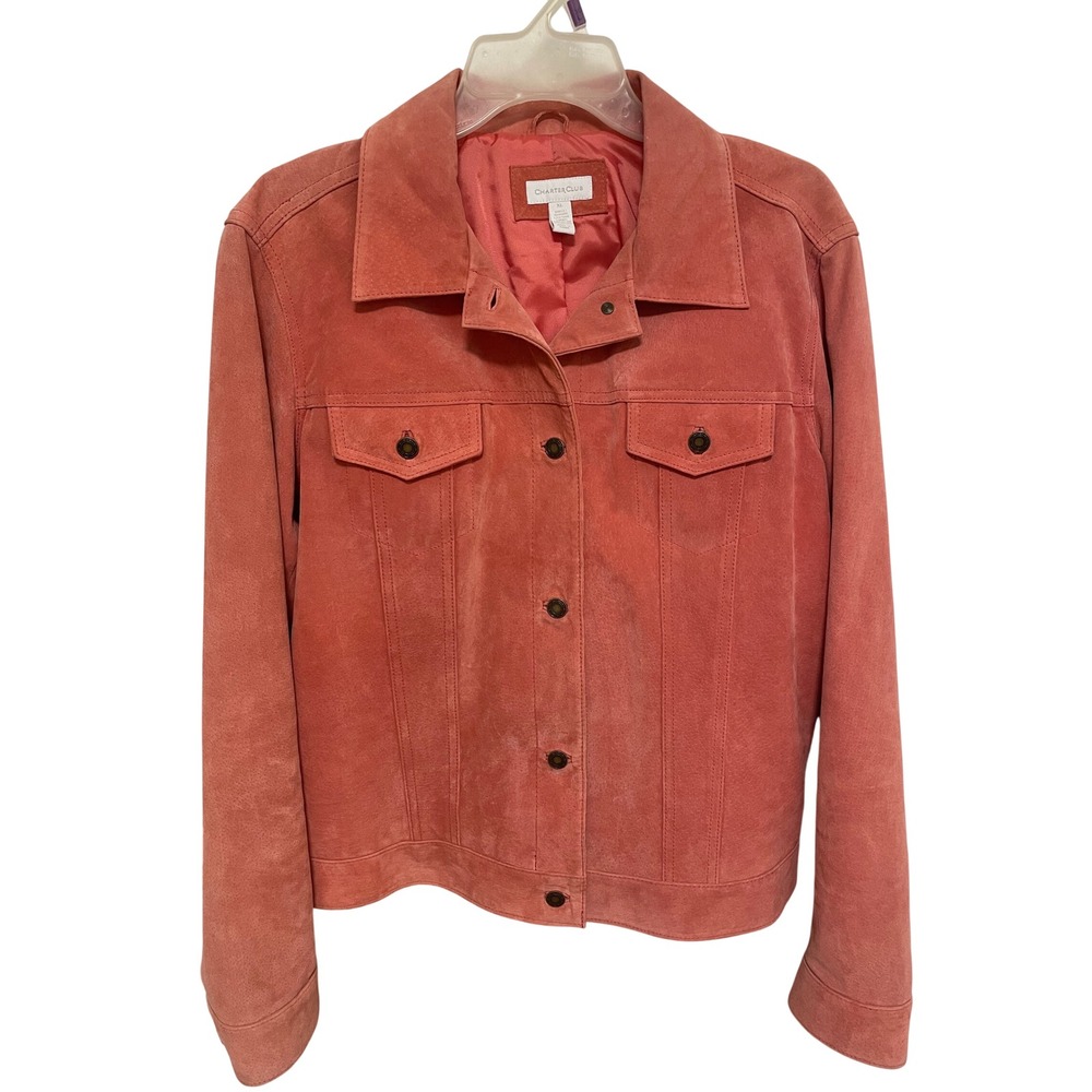 Charter Club Womens Suede Trucker Jacket Salmon Pink Coral XL